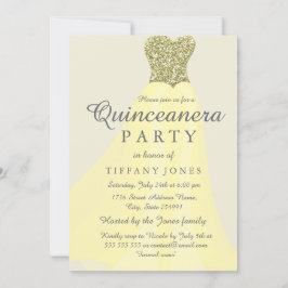 Gult Guld Sparkling Glitter Gown Quinceanera Inbjudningar