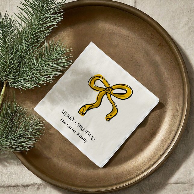 Gult Guld Watercolor-julskiss Pappersservett (Yellow Gold Watercolor Christmas Bow Sketch Illustration Holiday Party Paper Napkins)