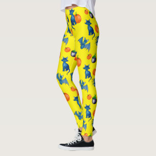 Gult Halloween Leggings - Black Cat & Pumpkins