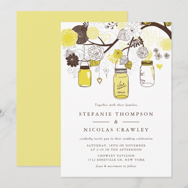 Gult Hanging Mason Burk Bröllop Inbjudningar (Fram/baksida)