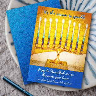 Gult Hanukkah Menorah-säsong till Gnistra-skript Julkort