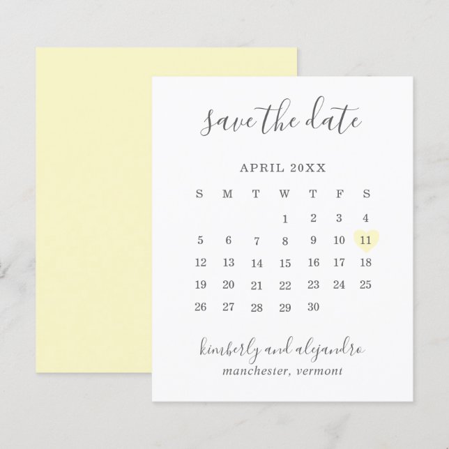 Gult Heart Calender Budget Bröllop spara datum (Fram/baksida)