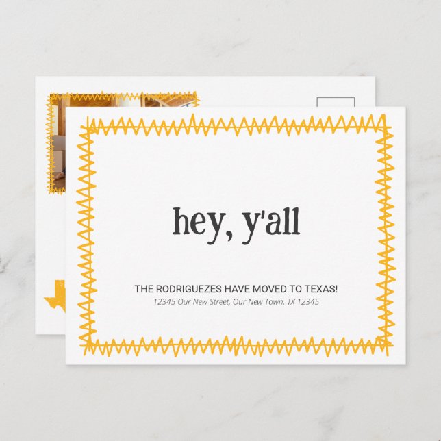 Gult Hej, allihop - Flyttat till Texas Vykort (Fram/baksida)