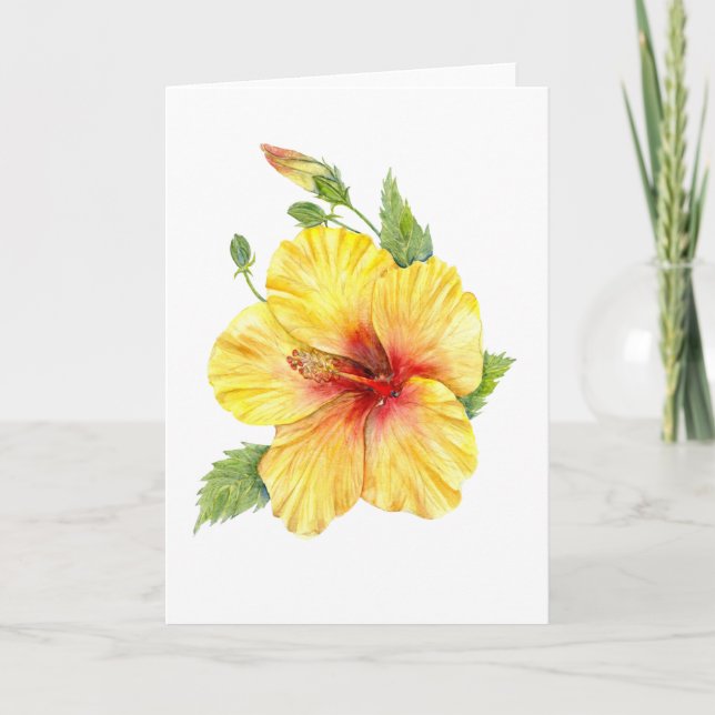 Gult Hibiscus botaniska konst Helgkort (Framsida)