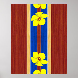 Gult Hibiscus Fake Wood Surfboard Poster