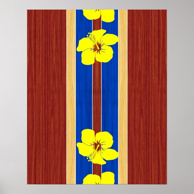Gult Hibiscus Fake Wood Surfboard Poster (Framsidan)