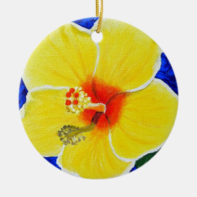Gult Hibiscus Flower Painting Ceramic Ornamic Orna Julgransprydnad Keramik (Framsidan)