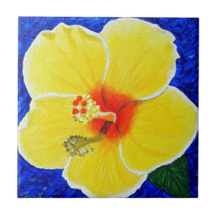 Gult Hibiscus Flower Painting Kakelplatta