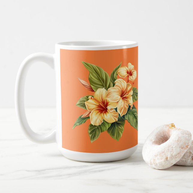 Gult Hibiscus Mönster om Orange Kaffemugg (Med munk)