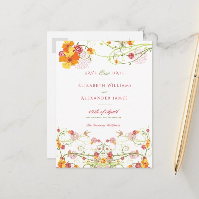 Gult Hibiscus och Sväljer Blommigt Spara datum Vykort (Fram/Back In Situ)