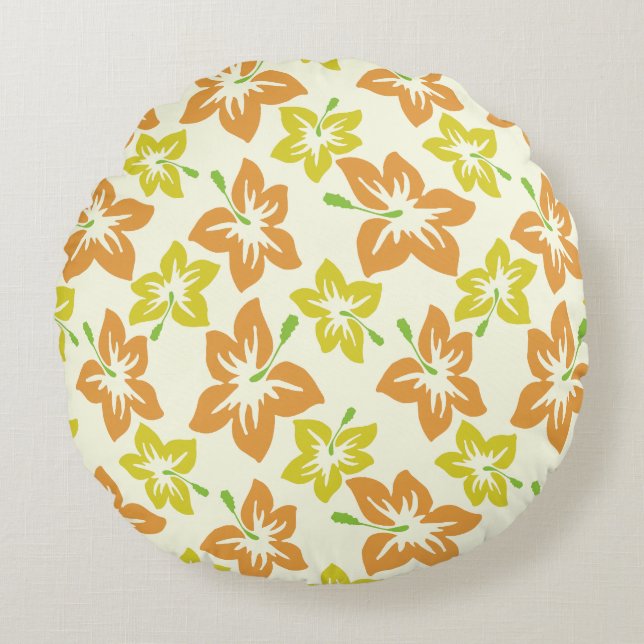 Gult Hibiscus, Orange Hibiscus, Blommönster Rund Kudde (Framsidan)