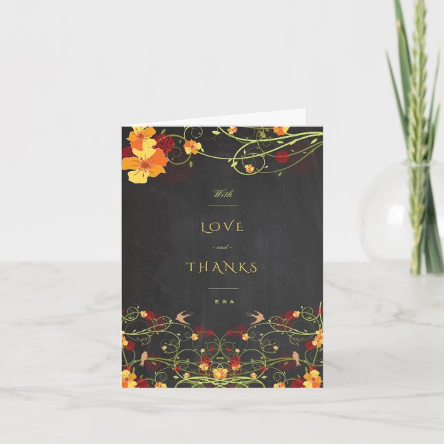 Gult Hibiscus Sväljer Blommigt Chalkboard Bröllop Tack Kort (Framsida)