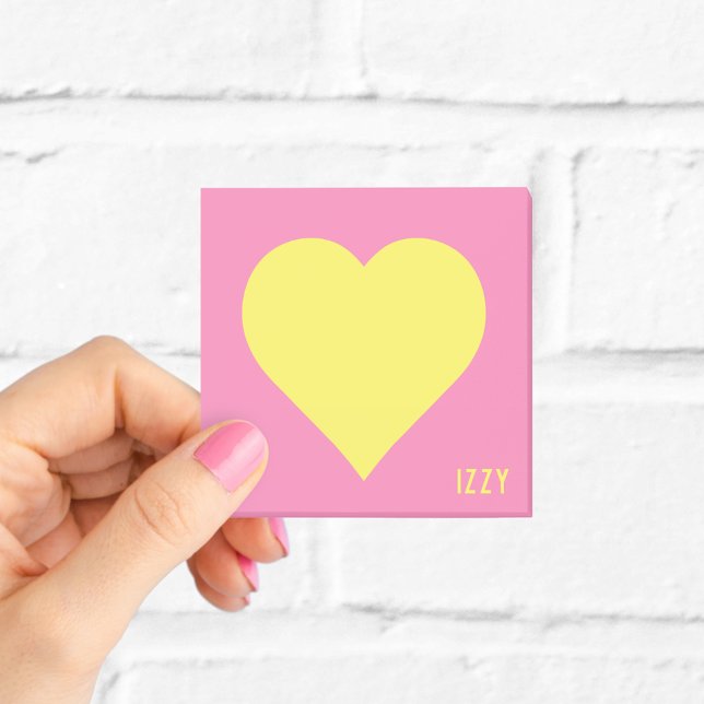 Gult hjärta Hot Pink Namn Post-it Block (Skapare uppladdad)