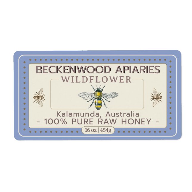 Gult Honeybee Honungsetikett Apiary Blue Gräns Fraktsedel (Framsidan)