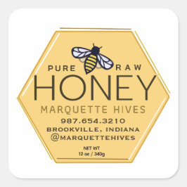 Gult Honung Hexagon-etikett med bin och honeykomb Fyrkantigt Klistermärke