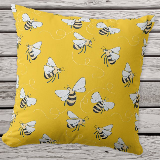 Gult Honungsbi Kudde (Sunshine yellow honey bee pattern throw pillow for nature and pollinator lovers!)
