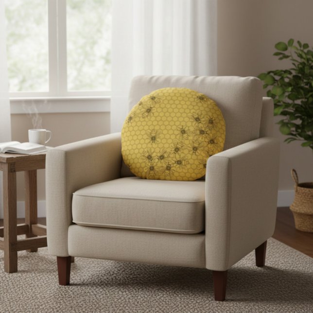 Gult Honungsbin & Honeycombi Rund Kudde (Skapare uppladdad)