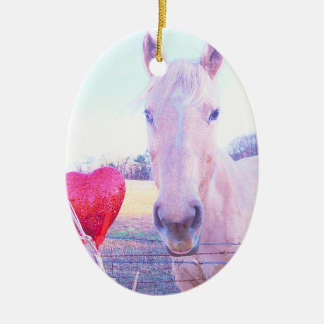 Gult Horse and Red Heart Julgransprydnad Keramik (Framsidan)