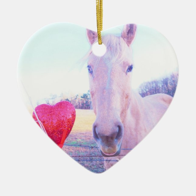Gult Horse and Red Heart Julgransprydnad Keramik (Framsidan)