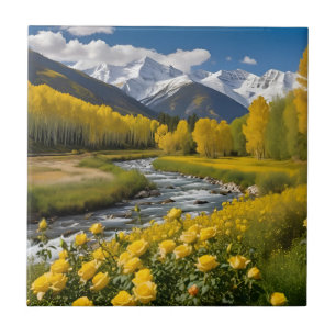 Gult Hösten Snowy Mountains Aspen Kakelplatta