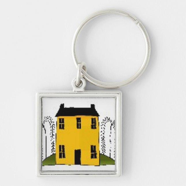 Gult House - Keychain Fyrkantig Silverfärgad Nyckelring (Framsidan)