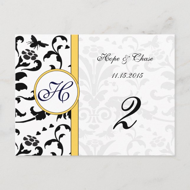 Gult Humla Damask Swirls Bordsnummer Cards (Framsida)