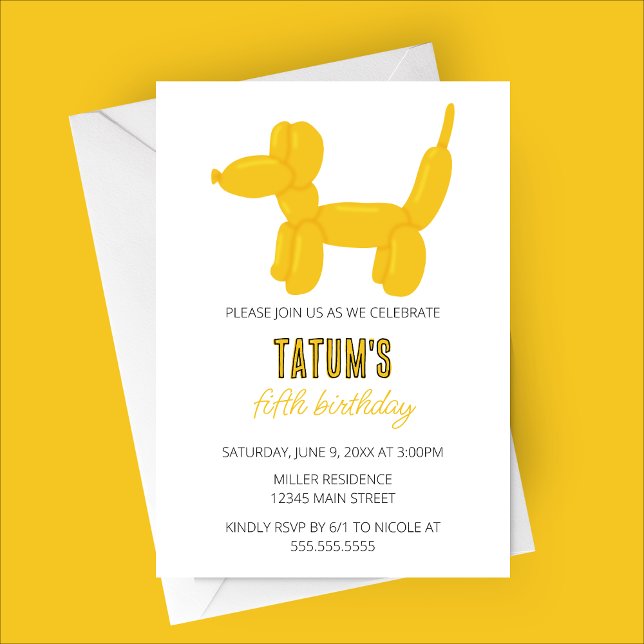 Gult Hund Balloon Animal Födelsedagsfest Inbjudningar (Yellow Dog Balloon Animal Birthday Party Invitation)