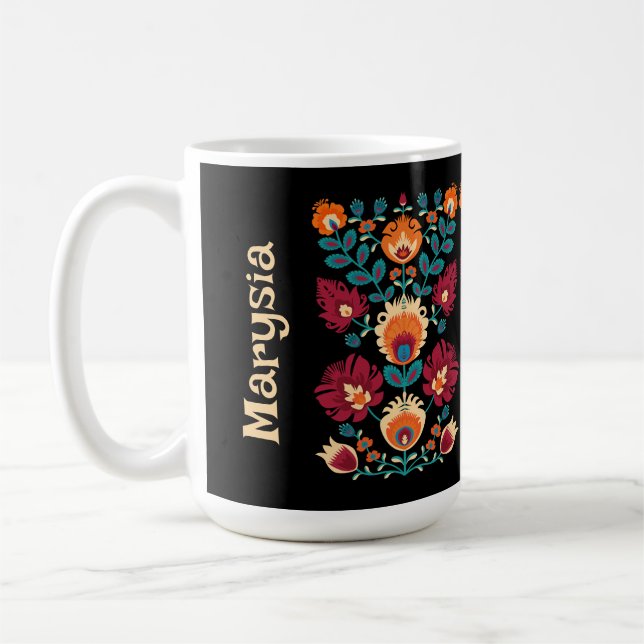 Gult i maron, teal och pastel Folk Wycinanki Kaffemugg (Vänster)