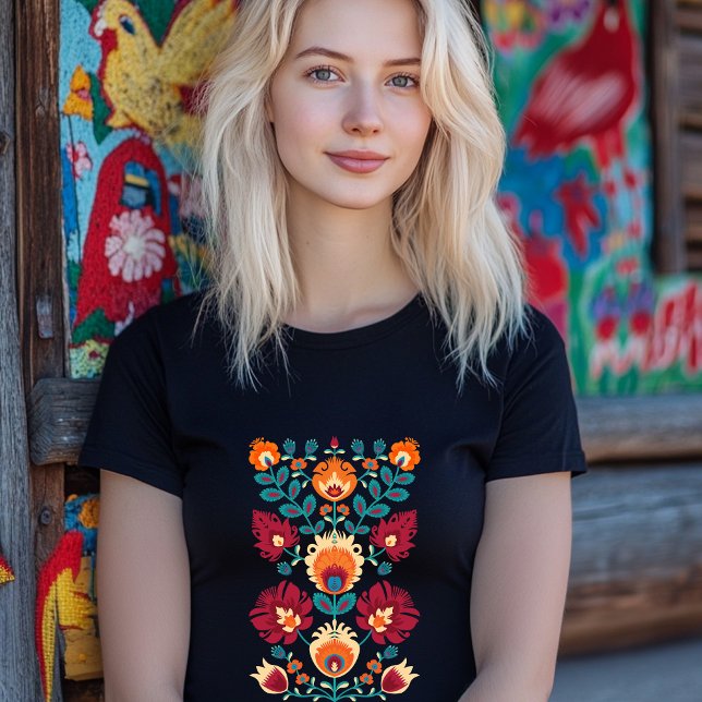 Gult i maron, teal och pastel Folk Wycinanki T Shirt (Beautiful polish folklore composition)