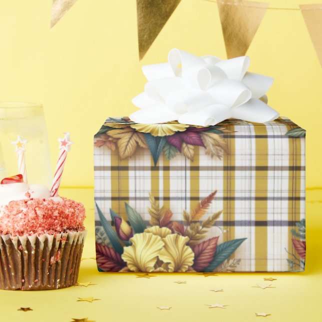 Gult Iris med Höst löv på ingångsbakgrunden Presentpapper (Födelsedagsfest)