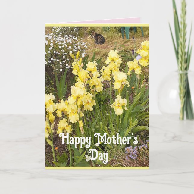 Gult Iris och Tabby katt Flowers Mors dag Card Kort (Framsida)