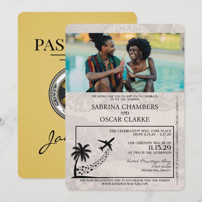 Gult Jamaica Passport Wedding bjudande Inbjudningar (Fram/baksida)