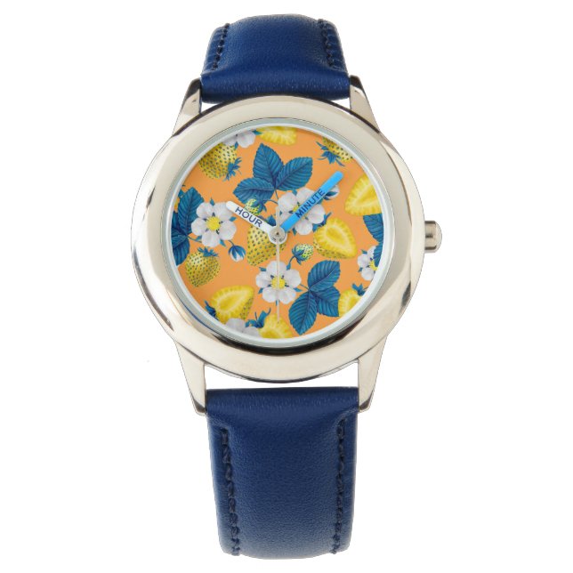 Gult jordgubbar på orange armbandsur (Framsida)