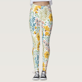 Gult, kalk och Rosa Vår blommor Leggings