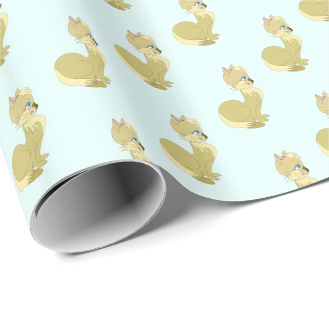 Gult Katt med Papper omslagning av blå Öga Presentpapper (Rullad Hörn)