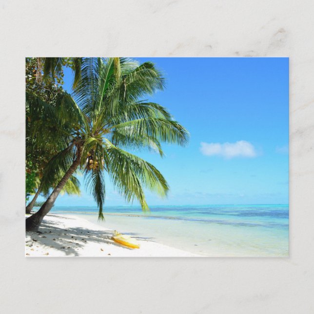 Gult kayak på ett vykort för vit sandstrand (Framsida)