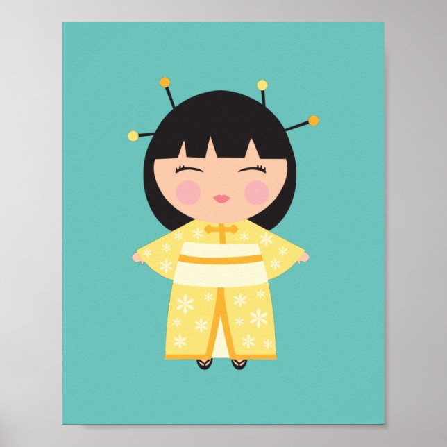Gult Kimono Japansk doll Poster (Framsidan)