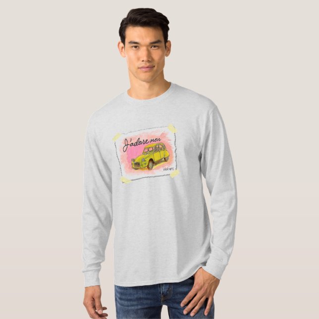 Gult Klassisk 2CV på lätt grått T Shirt (Hel framsida)
