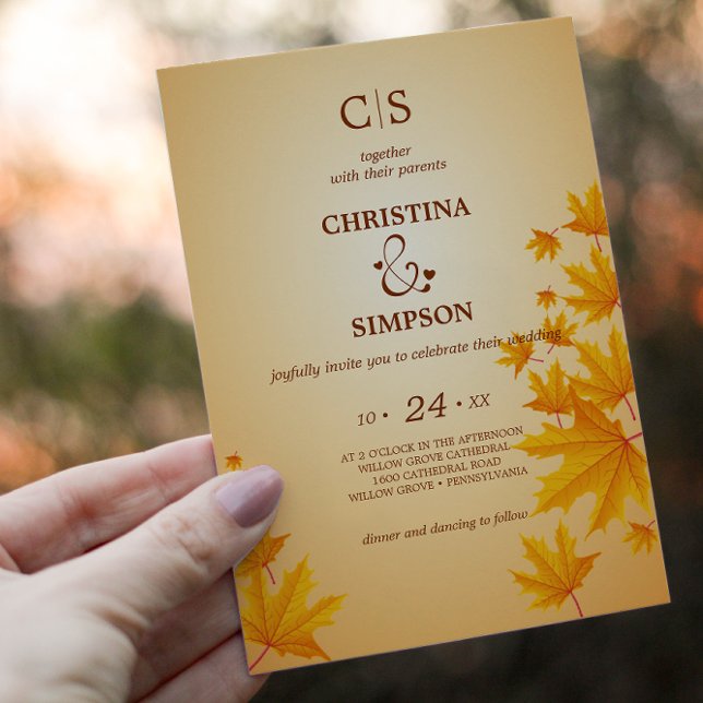 Gult Klassisk höstmapel löv bröllop Inbjudningar (Yellow Classic autumn maple leaves wedding Invitation)