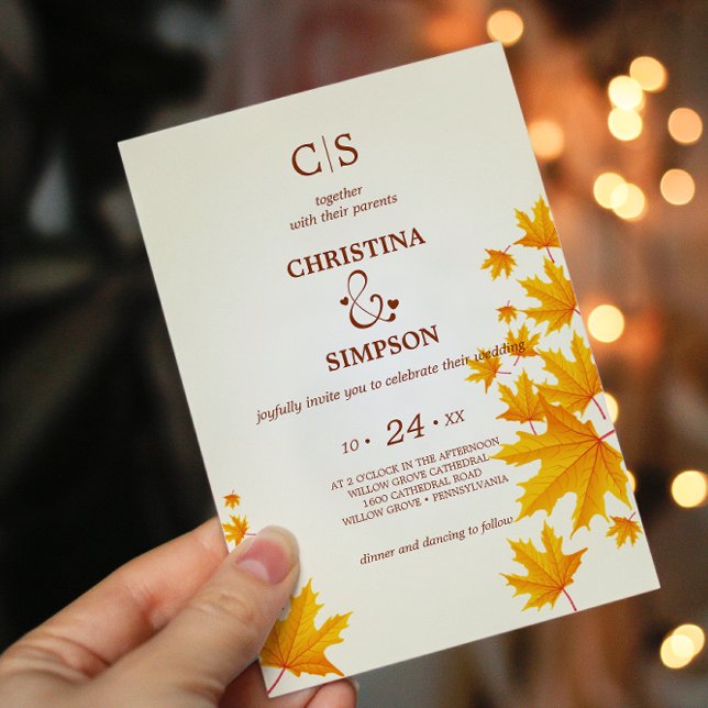 Gult Klassisk höstmapel löv bröllop Inbjudningar (Yellow Classic autumn maple leaves wedding Invitation)