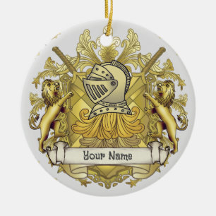Gult Knight Family Crest-efternamn Julgransprydnad Keramik