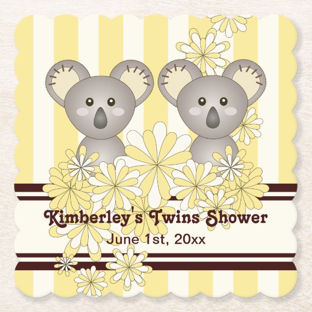 Gult Koala Twin Baby Shower / Barns födelsedag Underlägg Papper (Framsida)