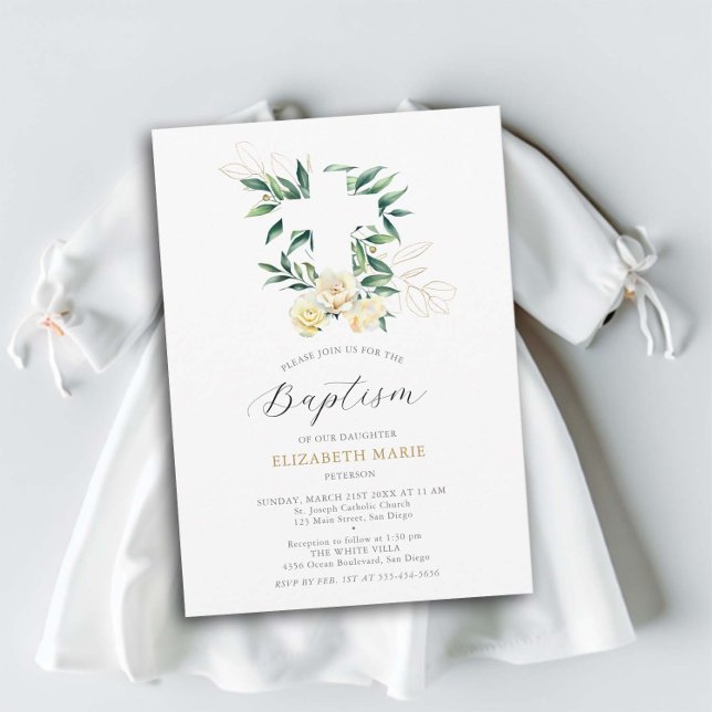 Gult Kor Blommigten Baby Småbarn,, baptism Inbjudningar (greenery white cross yellow floral baby todder baptism christnening invitation elegant modern classy)