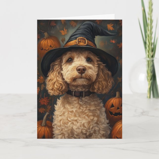 Gult Labradoodle Halloween Helgkort (Framsida)