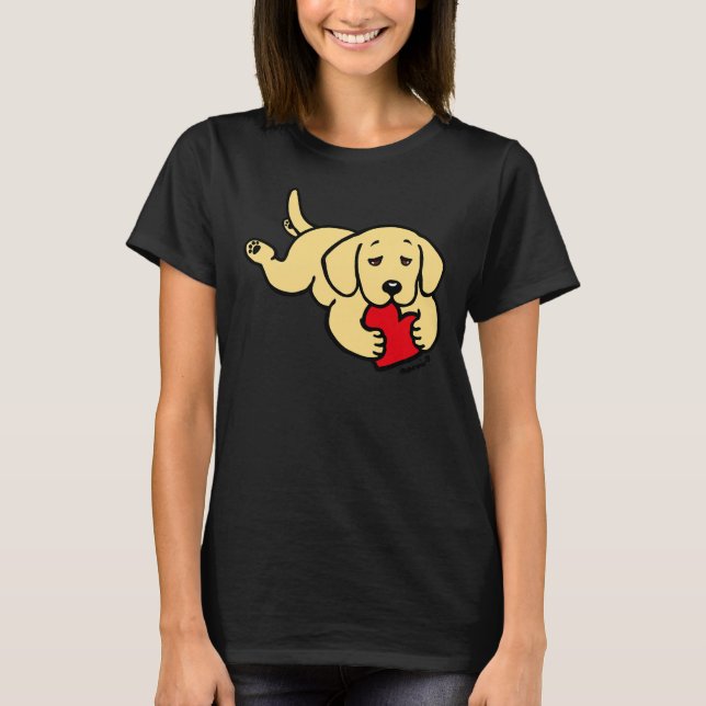 Gult Labrador Chewing Heart Valentine T Shirt (Framsida)