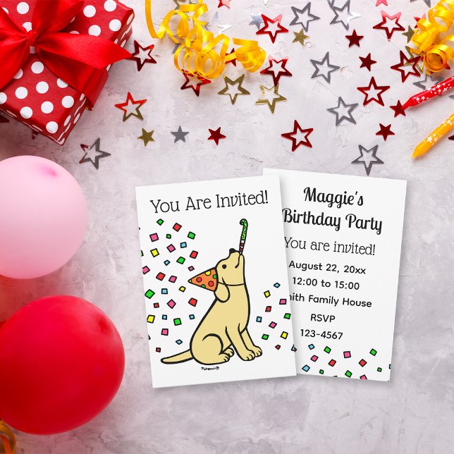 Gult Labrador Confetti Födelsedagsfest Inbjudningar (Yellow Labrador Confetti Birthday Party Invitation for Labrador Owners.  Cartoon art design.)
