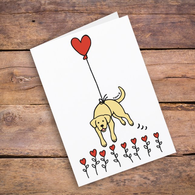 Gult Labrador Heart Balloon Tack Helgkort (Cute Yellow Labrador Heart Balloon Design Thank You Cards for Yellow Labrador Owners.  Cartoon art.)