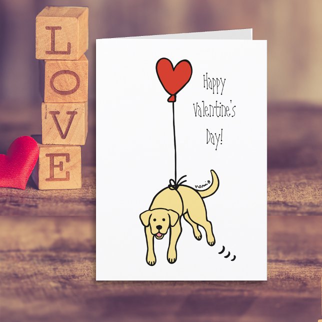 Gult Labrador Heart Balloon Valentine Helgkort (Yellow Labrador Heart Balloon Valentine's Day Cards for Labrador Owners.  Cartoon Art Design.)