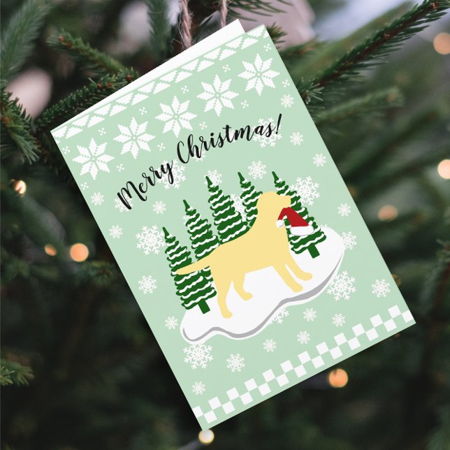 Gult Labrador jul Evergreen Snöflingor Helgkort (Yellow Labrador Evergreen Snowflakes Design Christmas Cards for Yellow Labrador Owners.  Silhouette.)