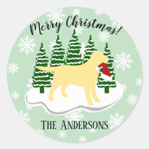 Gult Labrador jul Evergreen Snöflingor Runt Klistermärke